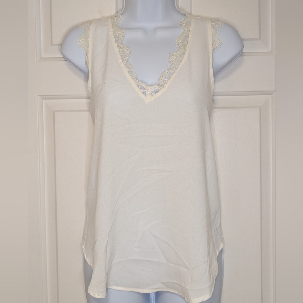 Cream Lace Trim Sleeveless Tank Top Size S